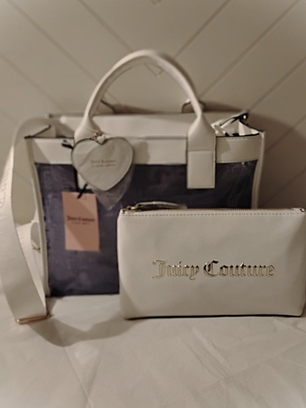 Juicy Couture Large Beachin Tote - Heart Dazzling Blue/Clear w/Solid Pouch Set